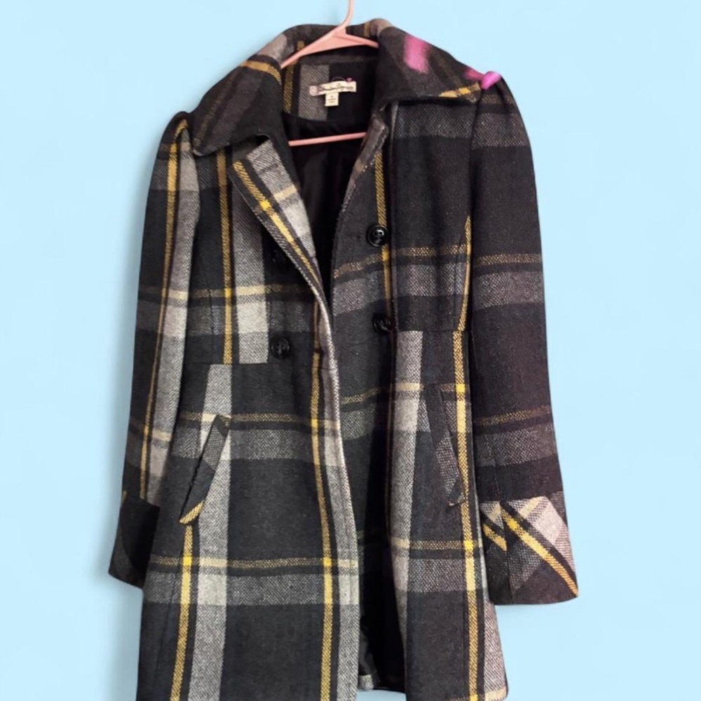 American Rag Plaid Trench Coat in Gray and Yellow
